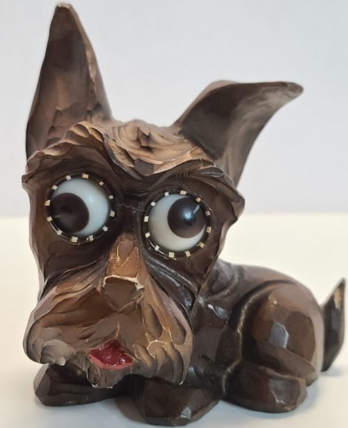 Antique OSWALD Germany Rotating 'Rolling Eyes' Carved Scottie Dog Desk Clock