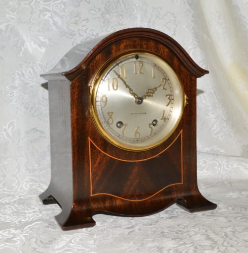 ANTIQUE PETITE INLAY WOOD SETH THOMAS DESK OR SHELF CLOCK