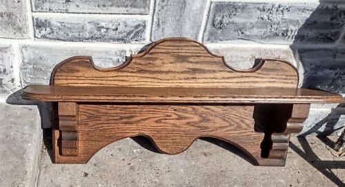 Antique Primitive Large Solid Oak Scroll Cut Wall Clock Book Curio Shelf