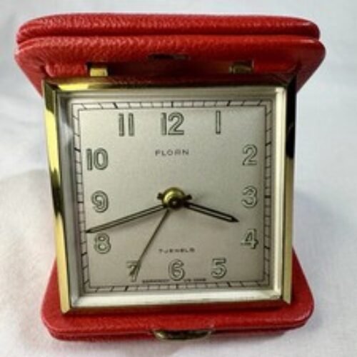 Antique Red Florn 7 Jewels Travel Alarm Clock Folding Case In Box NEW TESTED