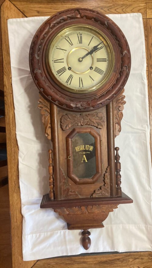 Antique Regulator A Wall Clock Korea W/Pendulum & Key Ornate Wood 32 x 12 WORKS