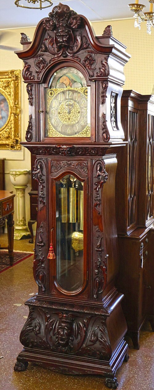 Antique RJ Horner Figural Carved Mahogany 9 Tube Tall Case Grandfather Clock