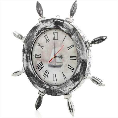 Antique Rustic White & Grey Ship Wheel Wall Clock Nautical Boat Dial Pirate 12"
