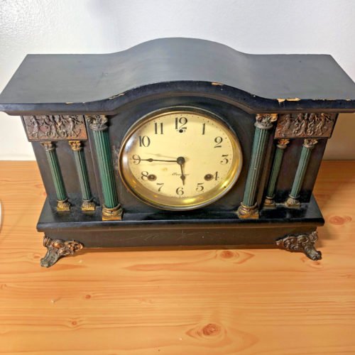 Antique Sessions Black MayFlower PillarsGong Bell Mantle Clock Read Descripton