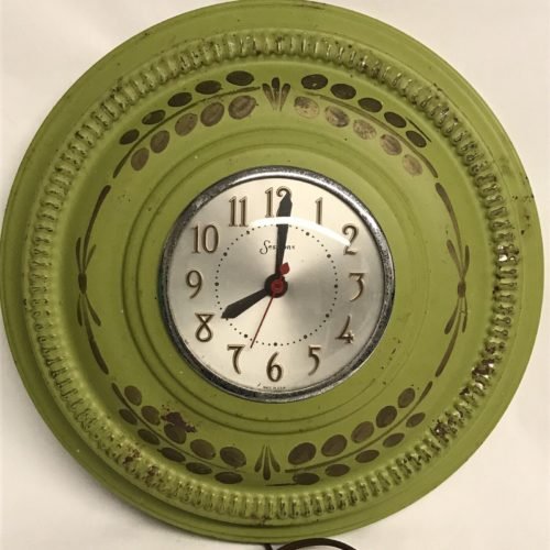 Antique Sessions Electric Wall Clock Green Painted Metal Gold Floral WORKS