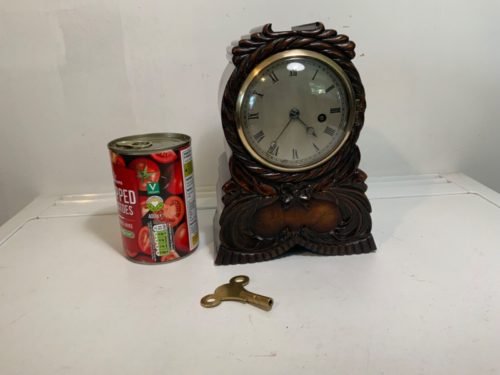 Antique small fusee mantel clock 8” high interesting movement fine wheels