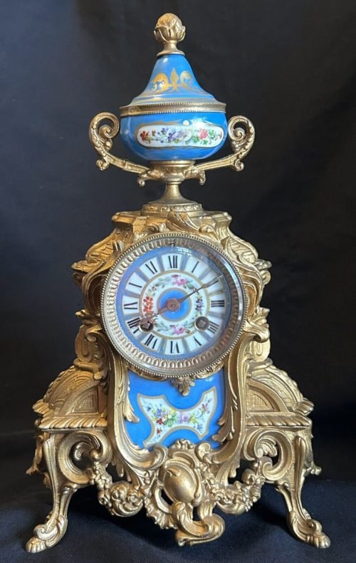 Antique S Marti & Cie French Medaille Bronze Mantel Clock Ormolu Blue Porcelain