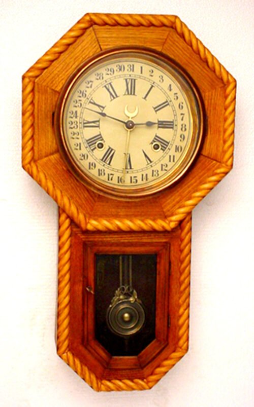 Antique Solid Elm Octagon Schoolhouse Calendar "Regulator A" Wall Clock