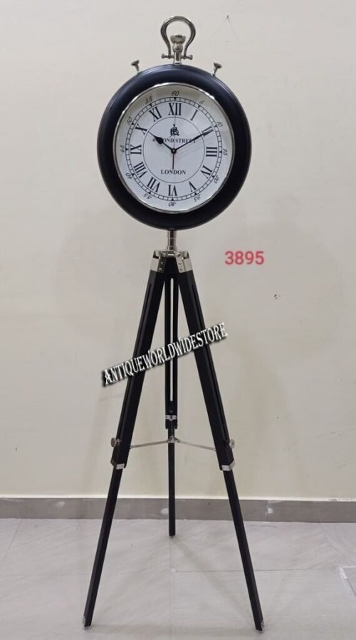 Antique Style Wooden and Brass Metal Tripod Floor Clock with Stand