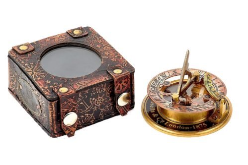 Antique Sundial Compass Round Clock,Brass Made in Leather or Wooden Box, with...