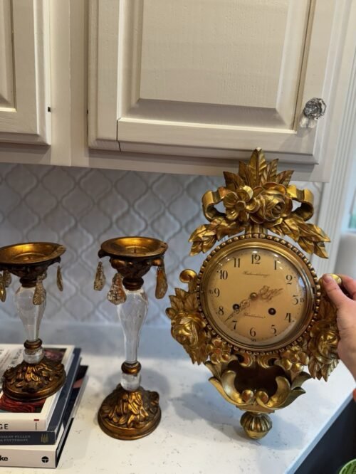 Antique Swedish Clock + 3 Crystal Candle Holders - Full Set Available!