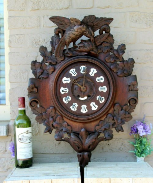 Antique Swiss Black forest wood carved Wall clock birds 19thc