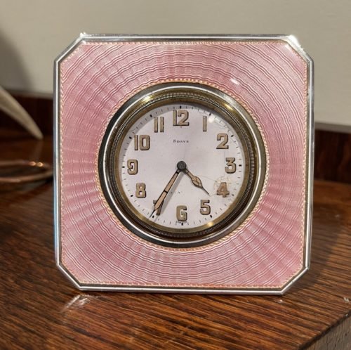 Antique Tiffany & Co Sterling Silver Guilloche Enamel Travel Desk Clock Art Deco
