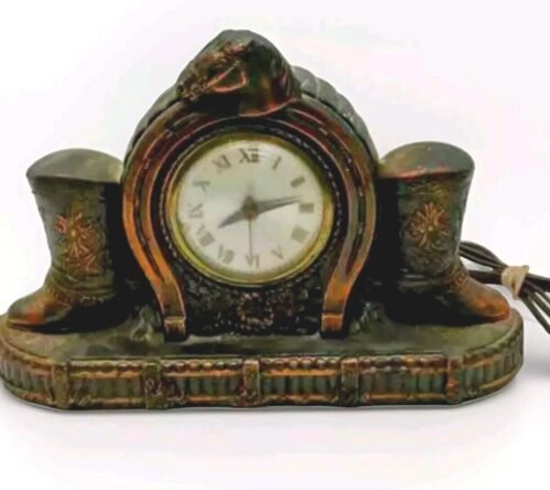 Antique Vintage Cowboy Horse Horseshoe Boot Mantle Clock