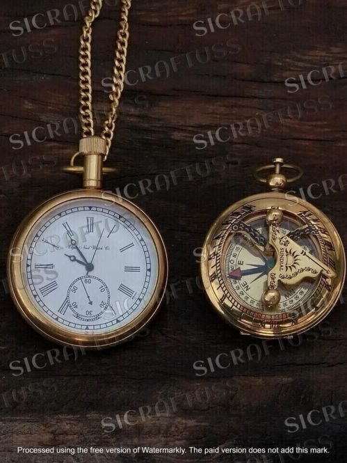 Antique Vintage Elgin Brass Pocket Watch With Brass Pocket Sundial Compass Gift.