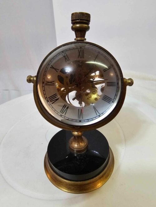 Antique vtg glass & brass Orb Desk Clock nautical Mechanical tabletop Works B8