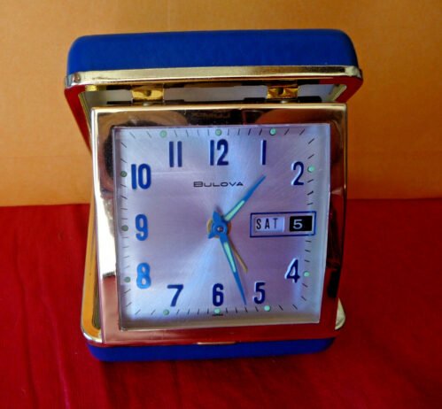 Antique Vtg Mid Century Bulova Watch Co Traveling Alarm Desk Bed Clock BLUE