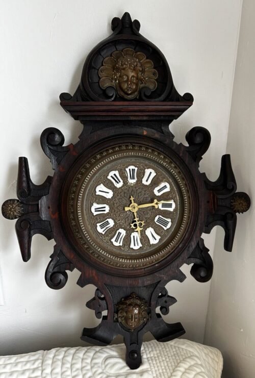 Antique Wall Clock German Or French ? Bronze Cherub Carved Wood 19th Century