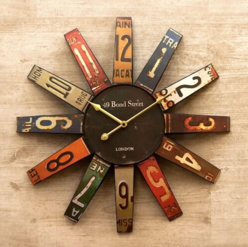 Antique Wall Clock Vintage Design License Plate Multi-Color Used