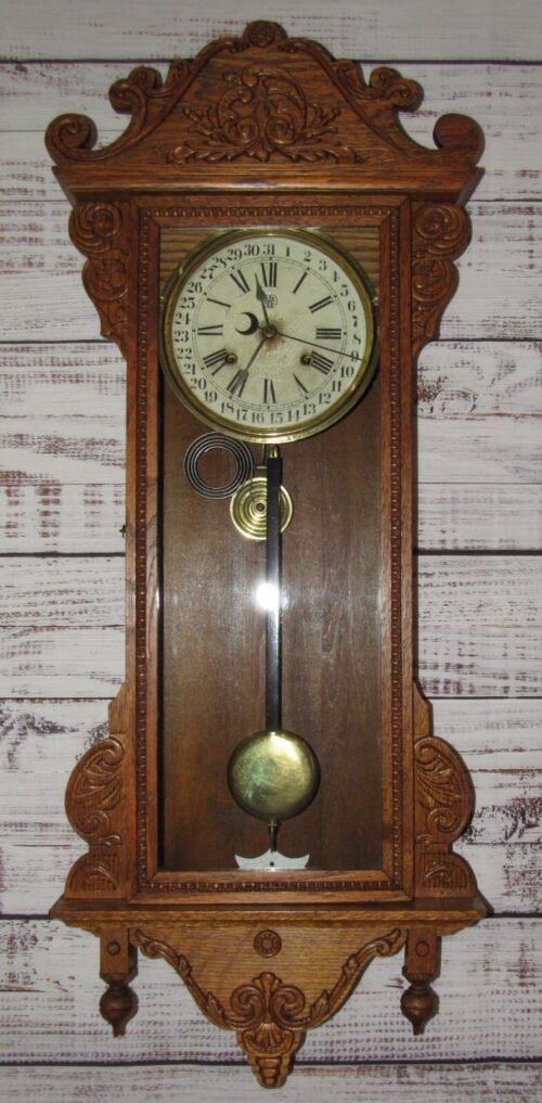 Antique Waterbury "Alton" Calendar Regulator Wall Clock 8-Day, Time/Strike