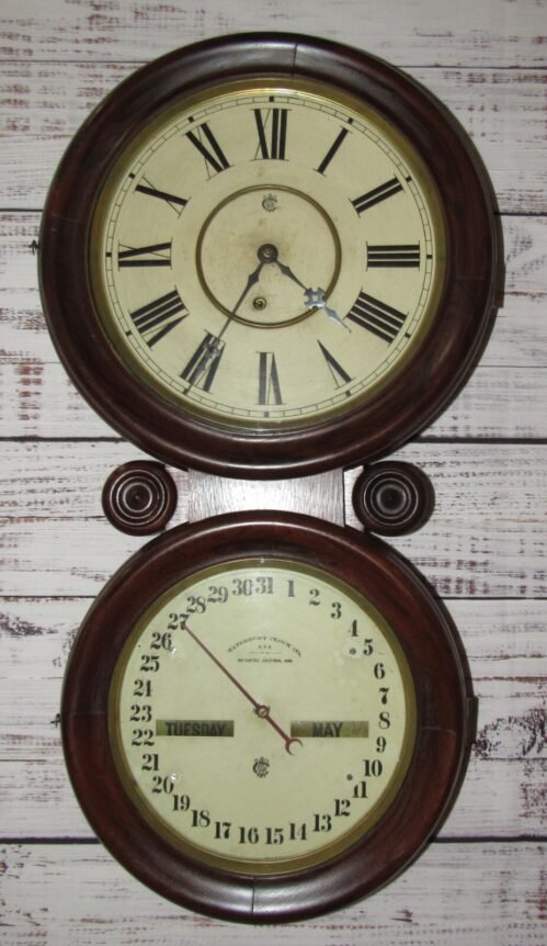 Antique Waterbury Calendar No. 34 Double Dial Calendar Wall Clock 8-Day