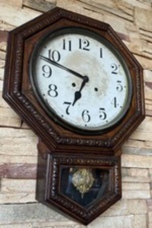 Antique Waterbury USA Arion Hand Carved Oak Wood 12” Regulator 8 Day Wall Clock