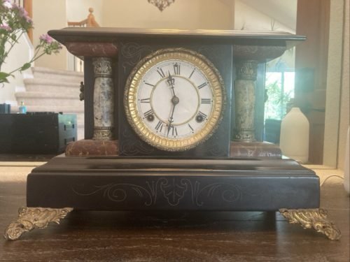 Antique Waterbury Wooden Mantle Clock With Marblized Design And Brass Feet