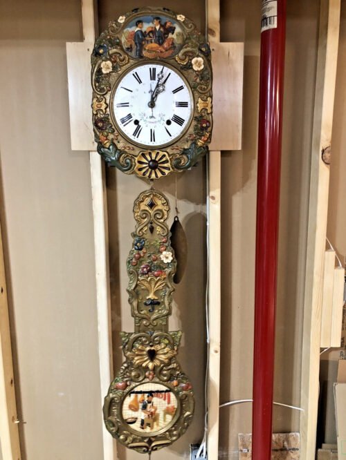 ANTIQUE WEIGHT DRIVEN FRENCH MORBIER WAG ON WALL CLOCK WITH ANIMATED PENDULUM