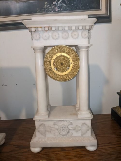 Antique White Marble French Mantel Desk Clock Portico 19"
