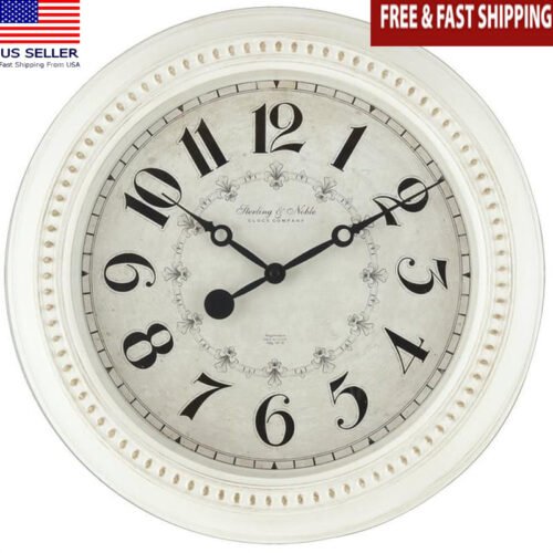Antique White Round Wall Clock Traditional Farmhouse Decor Arabic Numbers New