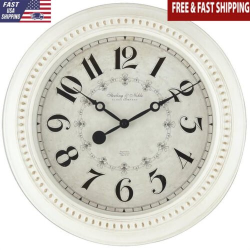 Antique White Round Wall Clock Vintage Farmhouse Decor Arabic Numbers Glass Lens