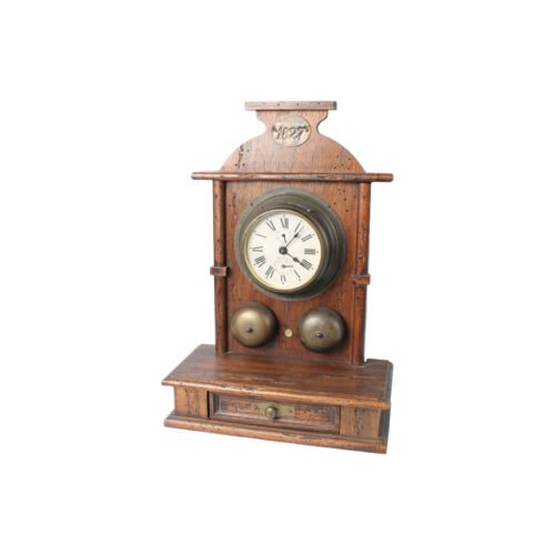 Antique Wooden Mechanical Alarm Clock with Double Bell, Drawer and Pendulum