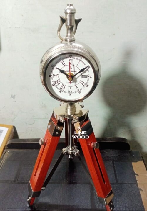 Antique Wooden Tripod Stand Table Clock Deck Clock Vintage Style Nautical Decor