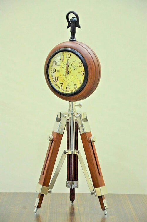 Antique Wooden Tripod Stand Table Clock Deck Clock Vintage Style Nautical Decor