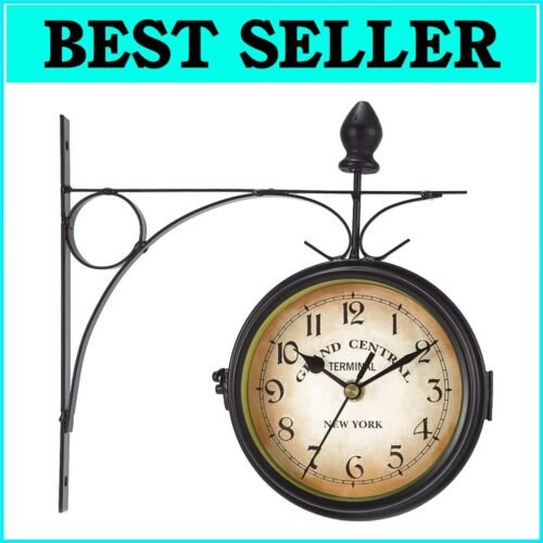 Antique Wrought Iron Double-Sided Wall Clock 9.8" - Stylish Indoor/Outdoor Decor