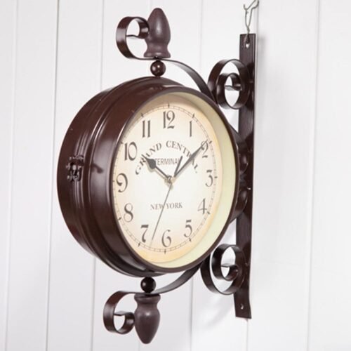 Antique Wrought Iron Wall Clock, Round Wall Hanging Double Sided Two Faces Re...