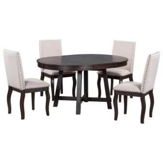 AOY 5-Piece Farmhouse Round Espresso Wood Top Bar Table Set Dining Room...