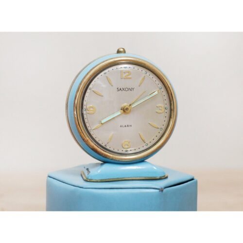 Aqua Blue Saxony Travel Clock w Case/ Cool German 1960s Clock w Unique Case
