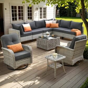 Aquarius 10-Piece Wicker Patio Conversation Seating Sofa Set with Black Cushions and...