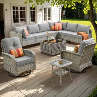 Aquarius 10-Piece Wicker Patio Conversation Seating Sofa Set with Dark Gray Cushions...