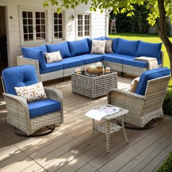 Aquarius 10-Piece Wicker Patio Conversation Seating Sofa Set with Navy Blue Cushions...