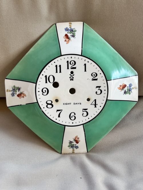 Art Deco 8 Day Porcelain Green Floral Octagon Wall Clock Plate 10"