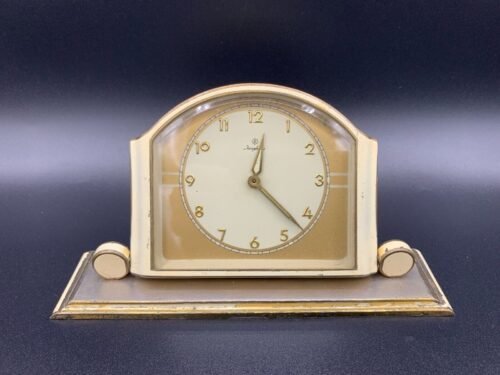 Art Deco German JUNGHANS Desk Top Mantel Clock Faceted Glass Front White Enamel