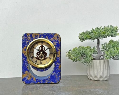 Art Nouveau Clear Dial Blue Gold Wood Table Clock Fireplace Decor Personalized