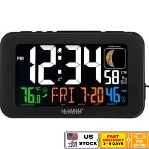 Atomic Alarm Clock Corded LED USB Charging Indoor Temp Humidity Moon Phase
