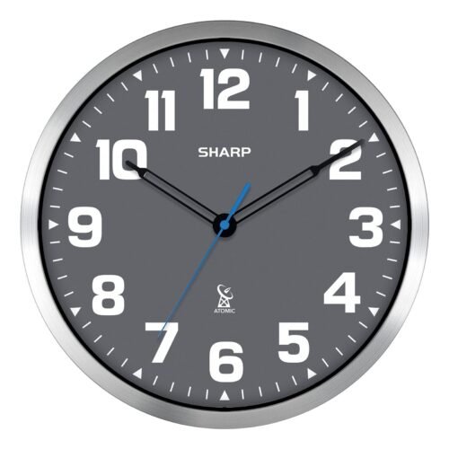 Atomic Analog Wall Clock - 12" Grey Face, Silver Brushed Finish - Sets Automa...