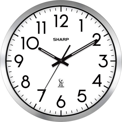 Atomic Analog Wall Clock - 12" Silver Brushed Finish - Sets Automatically- Batte