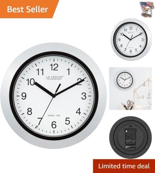 Atomic Analog Wall Clock - Stylish Silver 10-Inch Timepiece for Precision Living