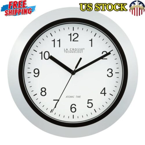 Atomic Analog Wall Clock 10 Inch Self Setting Accurate Time 4 Time Zones Silver