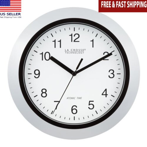 Atomic Analog Wall Clock 10 Inch Self Setting Accurate Time 4 Time Zones Silver